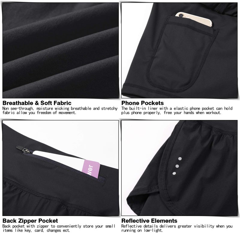 Soothfeel Women's 2 in 1 Running Shorts Workout Athletic Gym Yoga Shorts for Women with Phone Pockets Black - Image 5